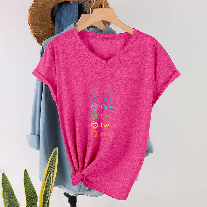 Olivenorma 7 Chakra Affirmation Vertical Rainbow Symbol Graphic Women's V Neck T-Shirt - image 34