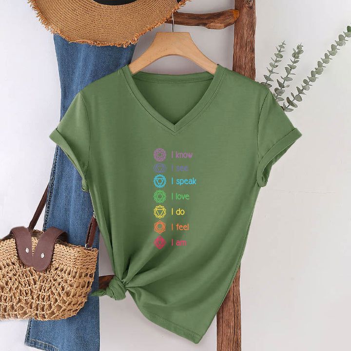 Olivenorma 7 Chakra Affirmation Vertical Rainbow Symbol Graphic Women's V Neck T-Shirt - image 4