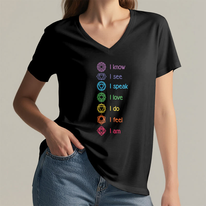 Olivenorma 7 Chakra Affirmation Vertical Rainbow Symbol Graphic Women's V Neck T-Shirt - image 2