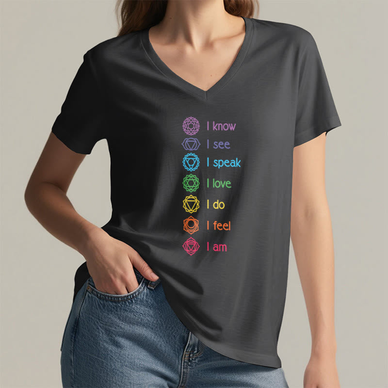 Olivenorma 7 Chakra Affirmation Vertical Rainbow Symbol Graphic Women's V Neck T-Shirt - image 17