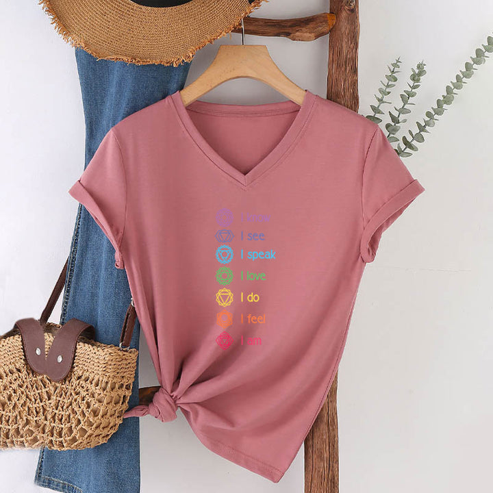 Olivenorma 7 Chakra Affirmation Vertical Rainbow Symbol Graphic Women's V Neck T-Shirt - image 10