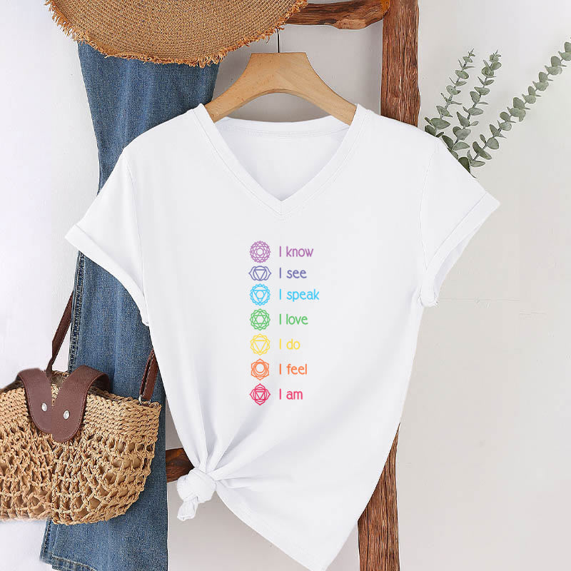 Olivenorma 7 Chakra Affirmation Vertical Rainbow Symbol Graphic Women's V Neck T-Shirt - image 19