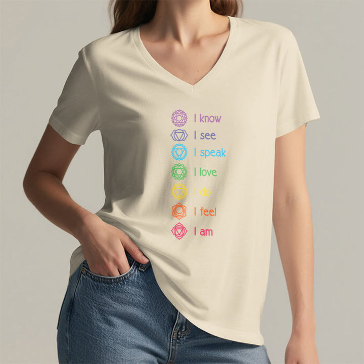 Olivenorma 7 Chakra Affirmation Vertical Rainbow Symbol Graphic Women's V Neck T-Shirt - image 8