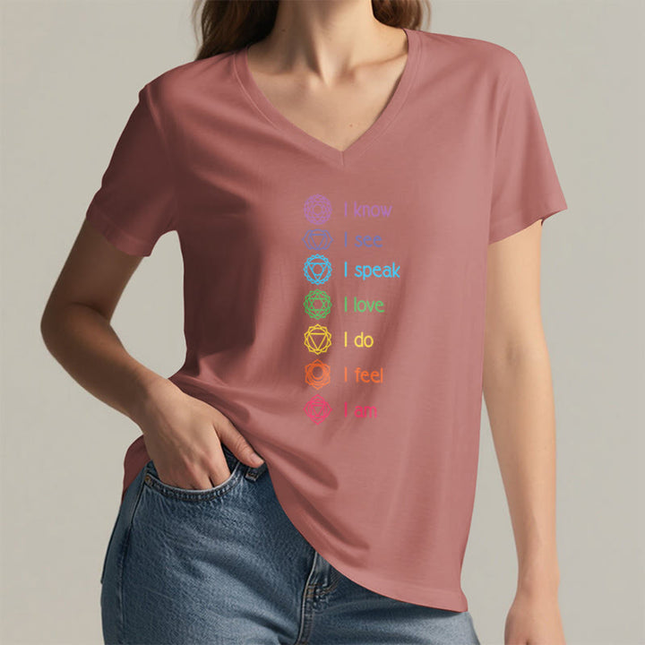 Olivenorma 7 Chakra Affirmation Vertical Rainbow Symbol Graphic Women's V Neck T-Shirt - image 11