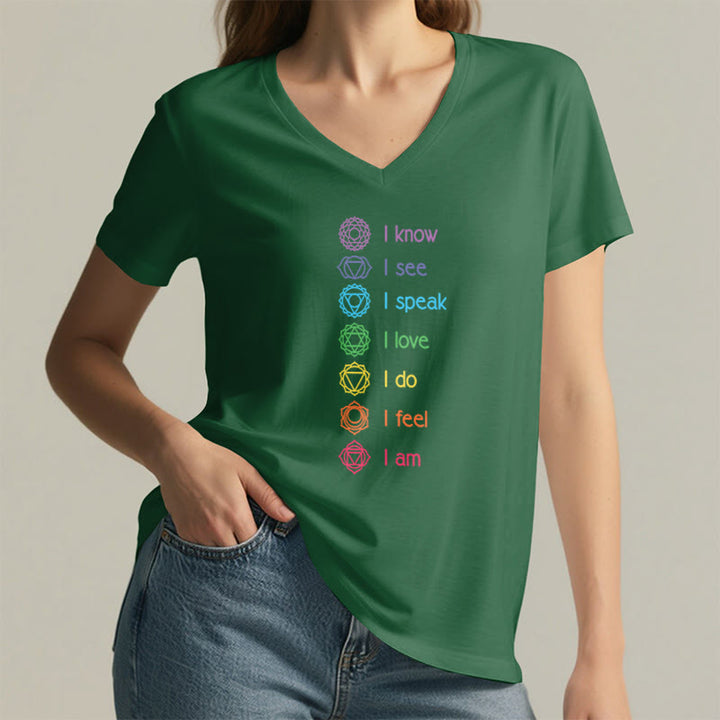 Olivenorma 7 Chakra Affirmation Vertical Rainbow Symbol Graphic Women's V Neck T-Shirt - image 26