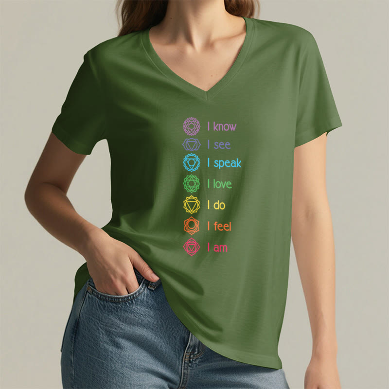 Olivenorma 7 Chakra Affirmation Vertical Rainbow Symbol Graphic Women's V Neck T-Shirt - image 5