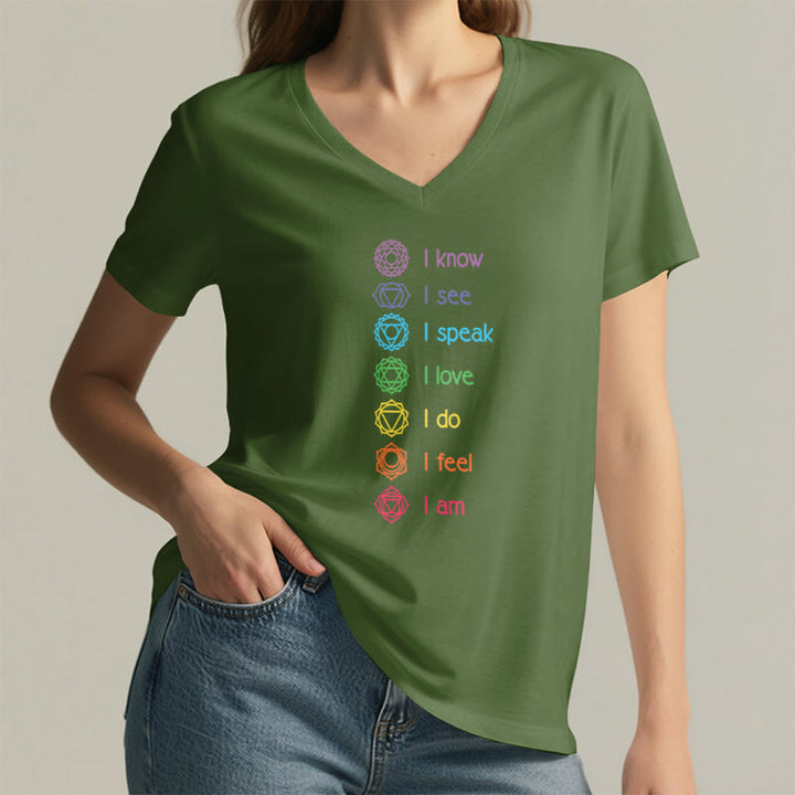 Olivenorma 7 Chakra Affirmation Vertical Rainbow Symbol Graphic Women's V Neck T-Shirt - image 5