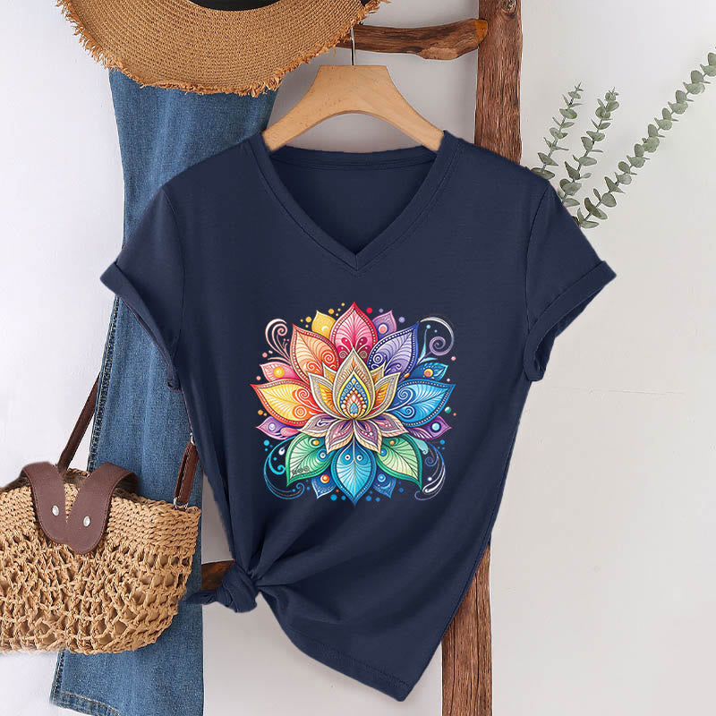 Olivenorma Vibrant Rainbow Mandala Lotus Boho Graphic Women's V Neck T-Shirt - Navy Blue - 2XL - image 24