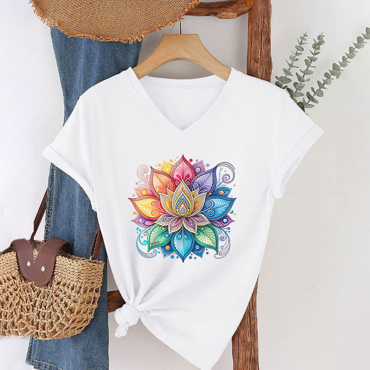 Olivenorma Vibrant Rainbow Mandala Lotus Boho Graphic Women's V Neck T-Shirt - White - 2XL - image 21