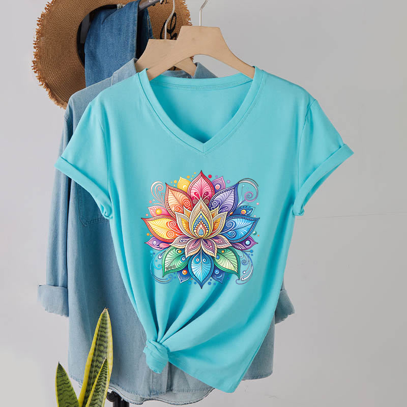 Olivenorma Vibrant Rainbow Mandala Lotus Boho Graphic Women's V Neck T-Shirt - Lake Blue - 2XL - image 12