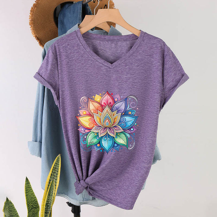 Olivenorma Vibrant Rainbow Mandala Lotus Boho Graphic Women's V Neck T-Shirt - Purple - 2XL - image 36