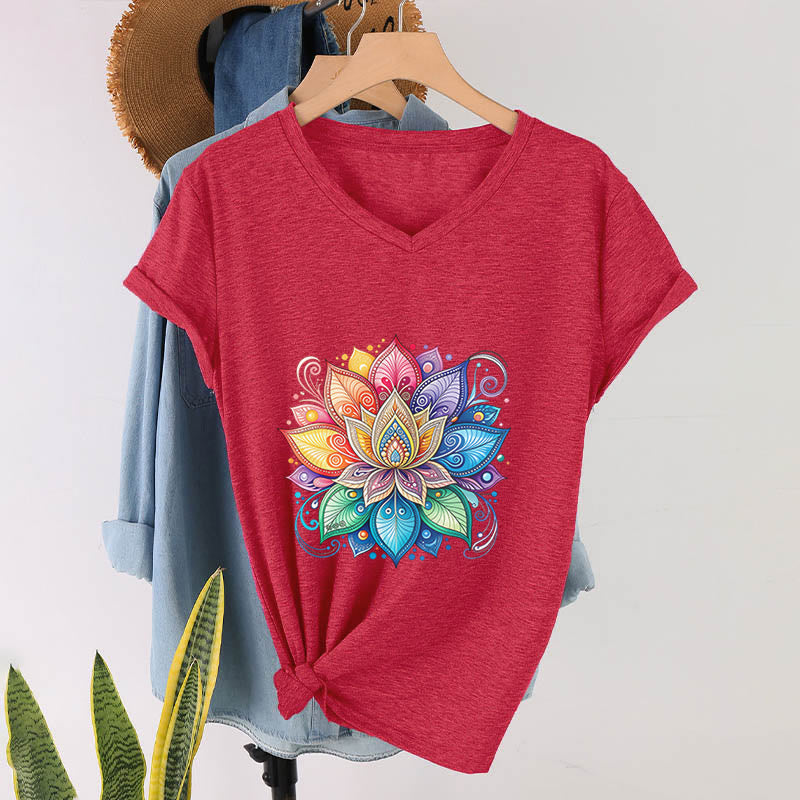 Olivenorma Vibrant Rainbow Mandala Lotus Boho Graphic Women's V Neck T-Shirt - Rose Red - 2XL - image 30
