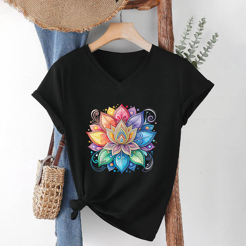 Olivenorma Vibrant Rainbow Mandala Lotus Boho Graphic Women's V Neck T-Shirt - Black - 2XL - image 15