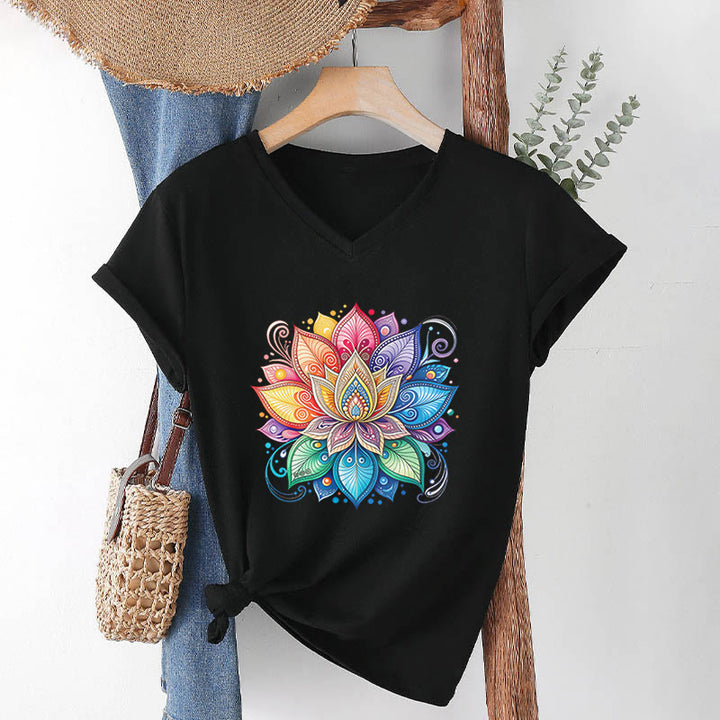 Olivenorma Vibrant Rainbow Mandala Lotus Boho Graphic Women's V Neck T-Shirt - Black - 2XL - image 15