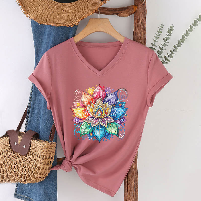 Olivenorma Vibrant Rainbow Mandala Lotus Boho Graphic Women's V Neck T-Shirt - Pink - 2XL - image 9
