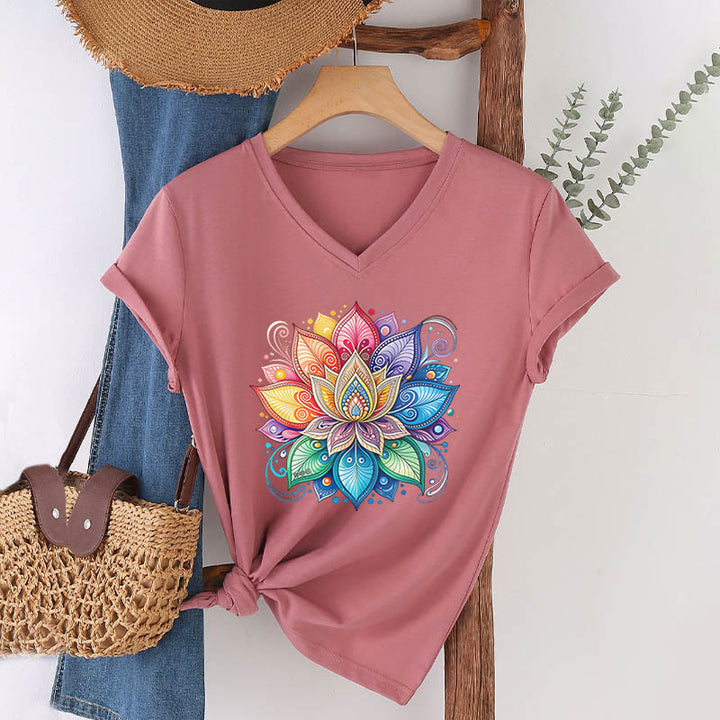 Olivenorma Vibrant Rainbow Mandala Lotus Boho Graphic Women's V Neck T-Shirt - Pink - 2XL - image 9