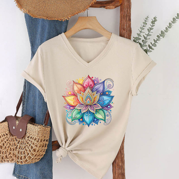 Olivenorma Vibrant Rainbow Mandala Lotus Boho Graphic Women's V Neck T-Shirt - Khaki - 2XL - image 6