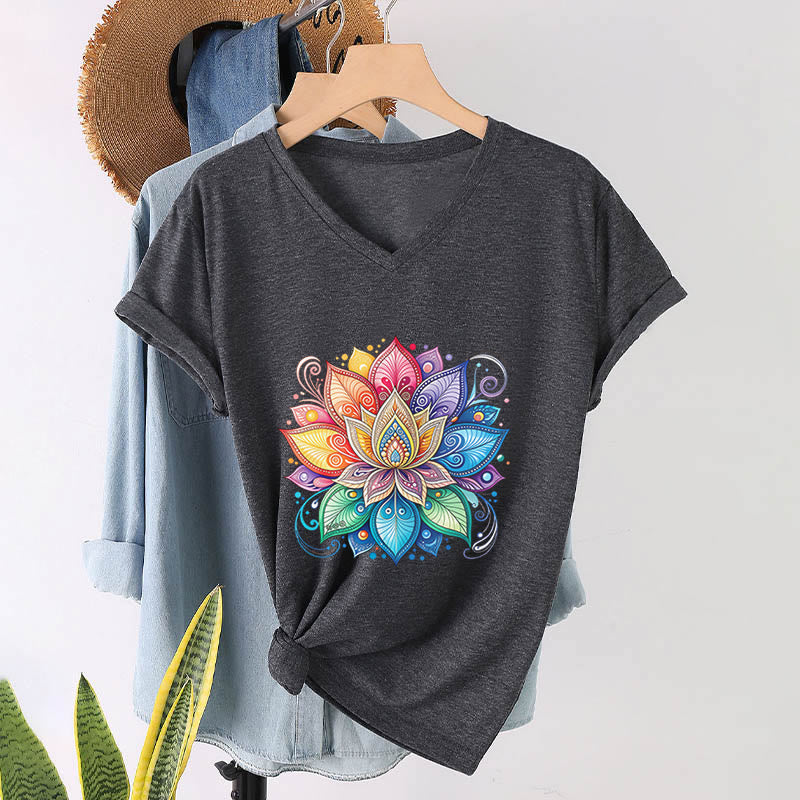 Olivenorma Vibrant Rainbow Mandala Lotus Boho Graphic Women's V Neck T-Shirt - Gray - 2XL - image 18