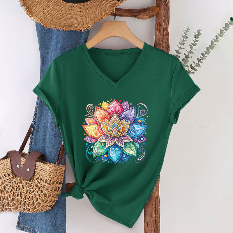 Olivenorma Vibrant Rainbow Mandala Lotus Boho Graphic Women's V Neck T-Shirt - Dark Green - 2XL - image 27