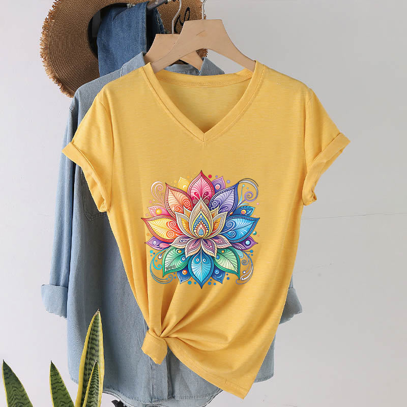 Olivenorma Vibrant Rainbow Mandala Lotus Boho Graphic Women's V Neck T-Shirt - Yellow - 2XL - image 0