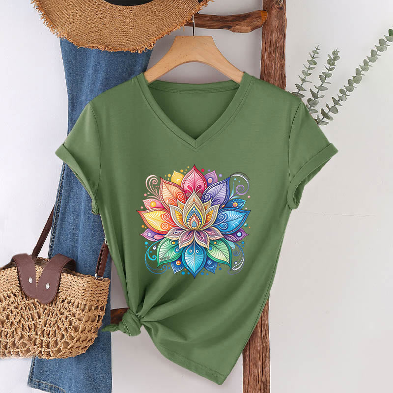 Olivenorma Vibrant Rainbow Mandala Lotus Boho Graphic Women's V Neck T-Shirt - Olive Green - 2XL - image 3