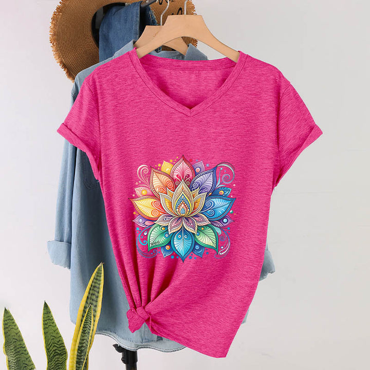 Olivenorma Vibrant Rainbow Mandala Lotus Boho Graphic Women's V Neck T-Shirt - image 33