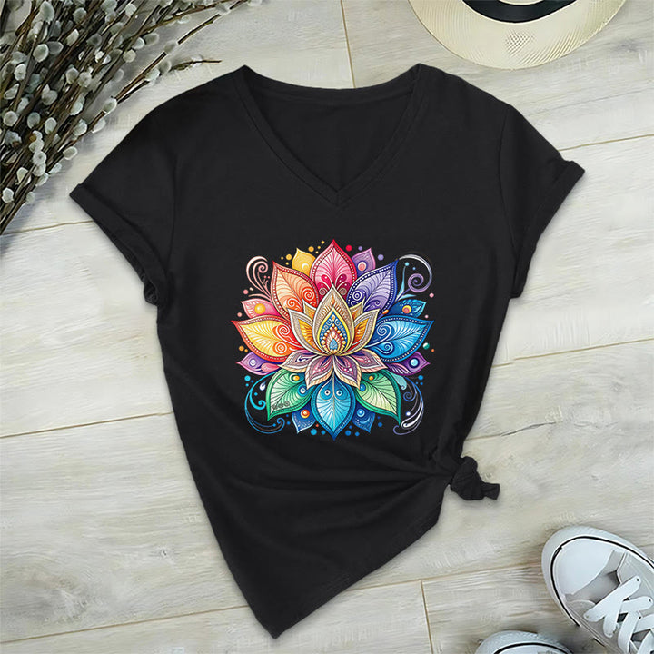 Olivenorma Vibrant Rainbow Mandala Lotus Boho Graphic Women's V Neck T-Shirt - image 16
