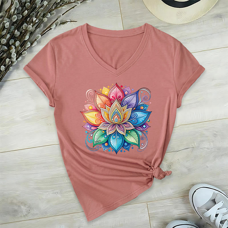Olivenorma Vibrant Rainbow Mandala Lotus Boho Graphic Women's V Neck T-Shirt - image 10