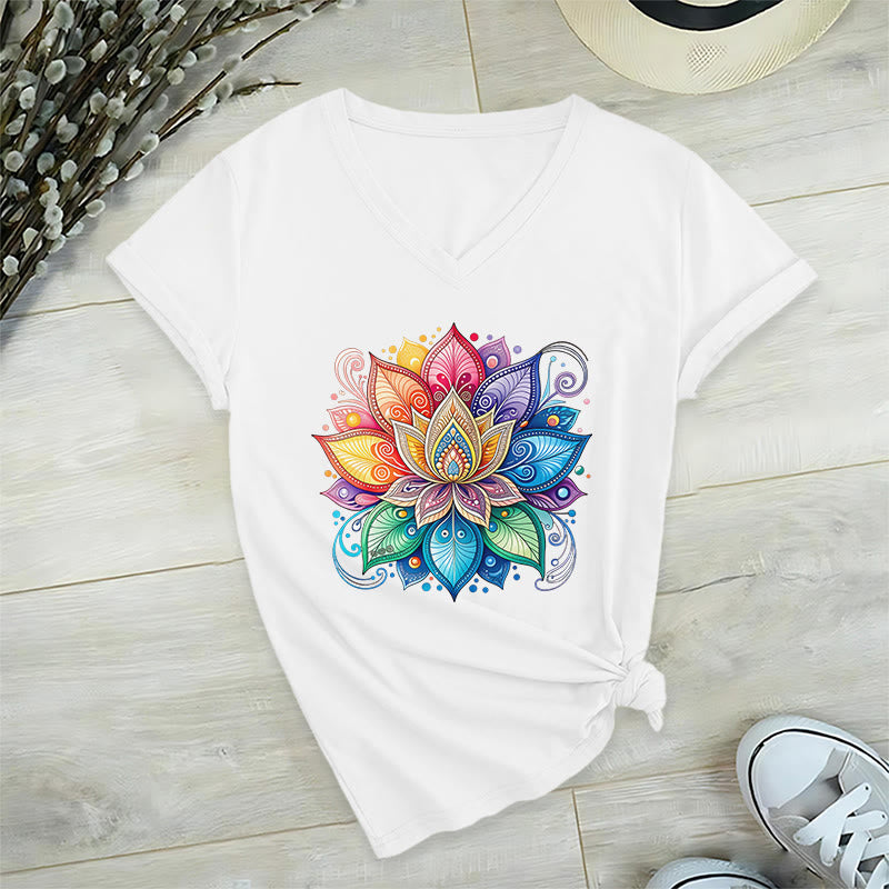 Olivenorma Vibrant Rainbow Mandala Lotus Boho Graphic Women's V Neck T-Shirt - image 22
