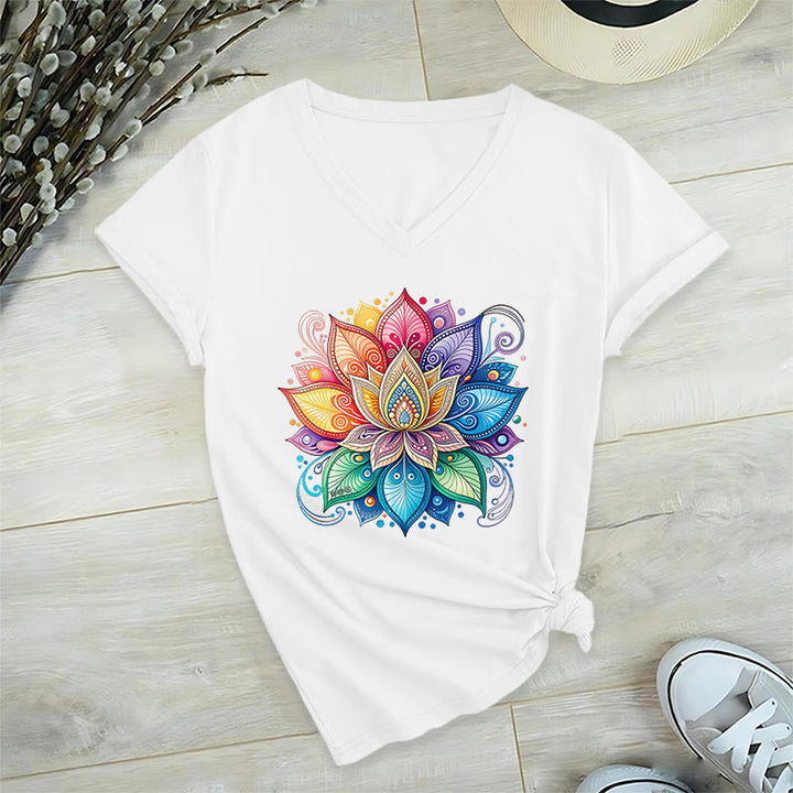 Olivenorma Vibrant Rainbow Mandala Lotus Boho Graphic Women's V Neck T-Shirt - image 22