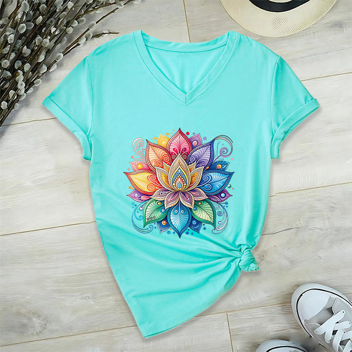 Olivenorma Vibrant Rainbow Mandala Lotus Boho Graphic Women's V Neck T-Shirt - image 13