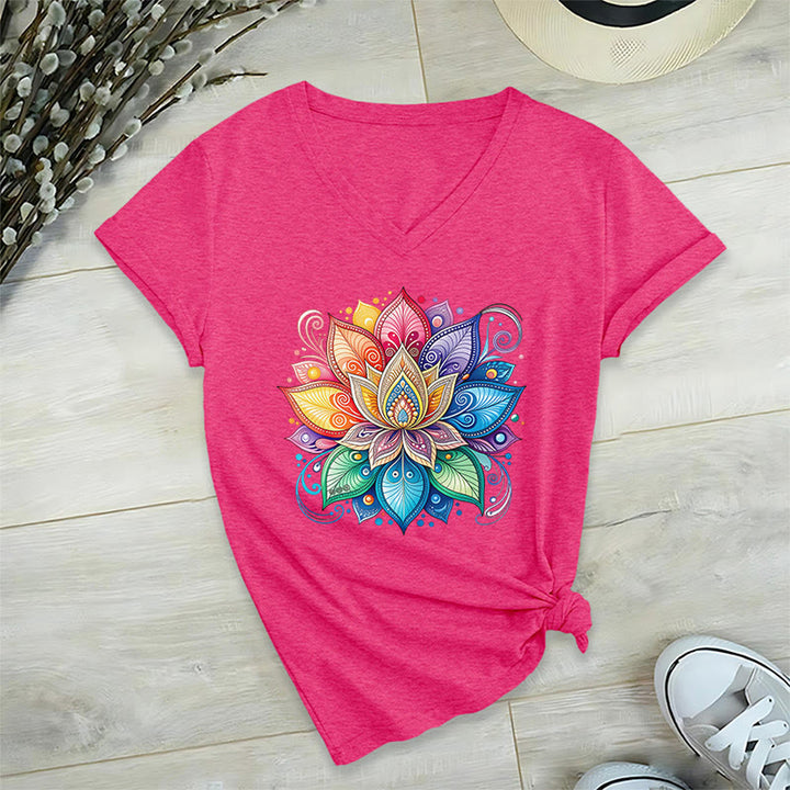 Olivenorma Vibrant Rainbow Mandala Lotus Boho Graphic Women's V Neck T-Shirt - image 34