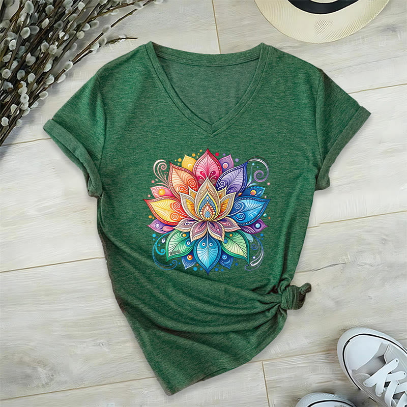 Olivenorma Vibrant Rainbow Mandala Lotus Boho Graphic Women's V Neck T-Shirt - image 28