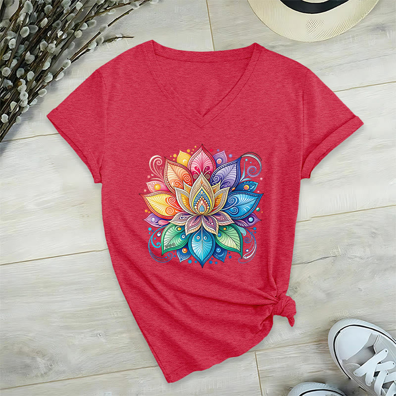 Olivenorma Vibrant Rainbow Mandala Lotus Boho Graphic Women's V Neck T-Shirt - image 31