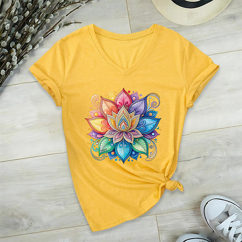 Olivenorma Vibrant Rainbow Mandala Lotus Boho Graphic Women's V Neck T-Shirt - image 1