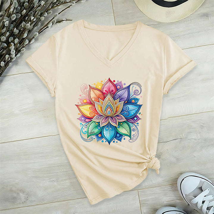 Olivenorma Vibrant Rainbow Mandala Lotus Boho Graphic Women's V Neck T-Shirt - image 7