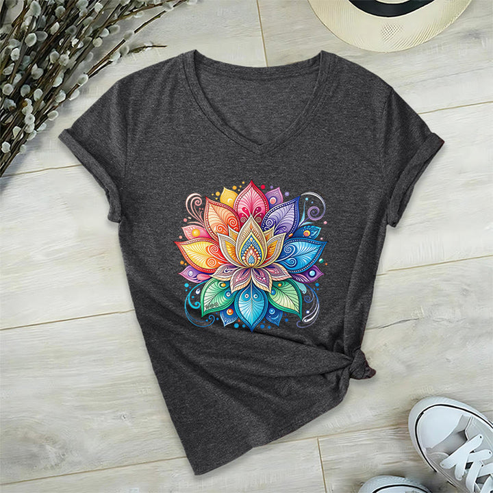 Olivenorma Vibrant Rainbow Mandala Lotus Boho Graphic Women's V Neck T-Shirt - image 19