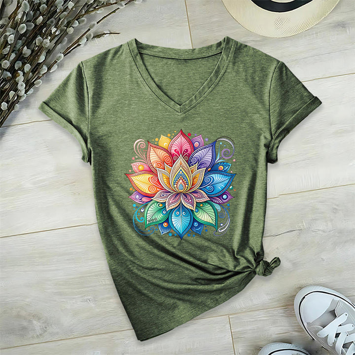 Olivenorma Vibrant Rainbow Mandala Lotus Boho Graphic Women's V Neck T-Shirt - image 4