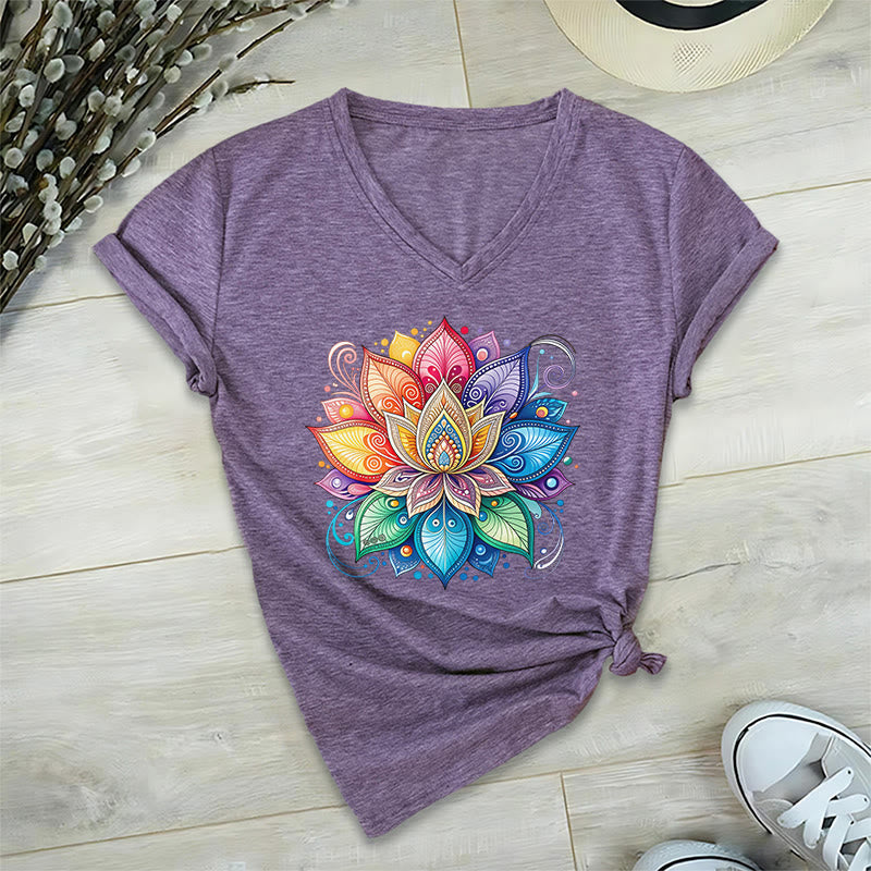Olivenorma Vibrant Rainbow Mandala Lotus Boho Graphic Women's V Neck T-Shirt - image 37