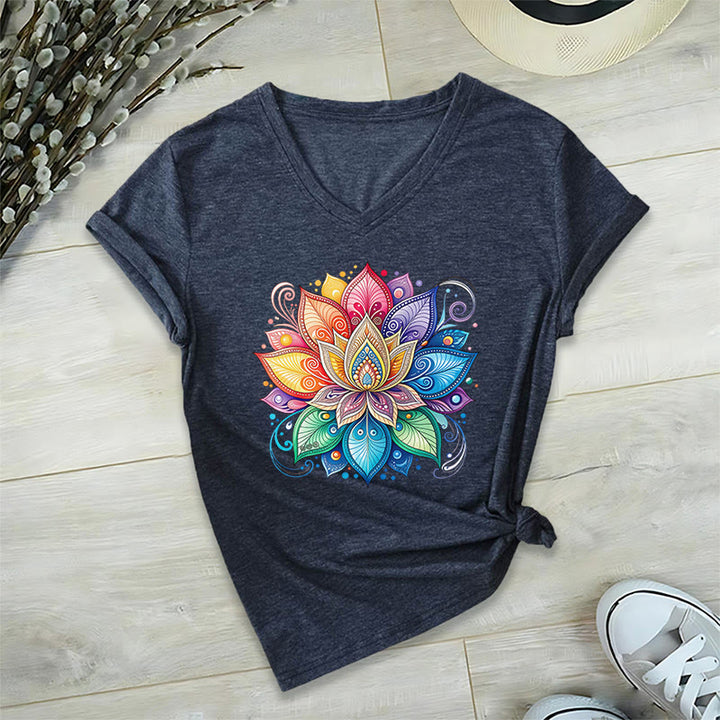 Olivenorma Vibrant Rainbow Mandala Lotus Boho Graphic Women's V Neck T-Shirt - image 25