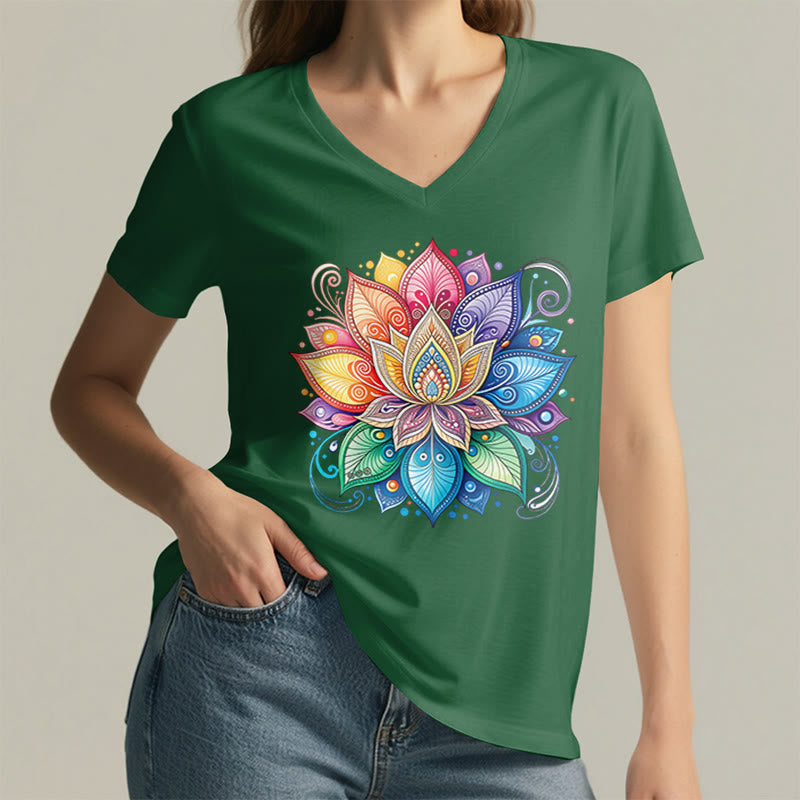 Olivenorma Vibrant Rainbow Mandala Lotus Boho Graphic Women's V Neck T-Shirt - image 29