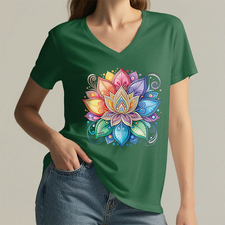 Olivenorma Vibrant Rainbow Mandala Lotus Boho Graphic Women's V Neck T-Shirt - image 29