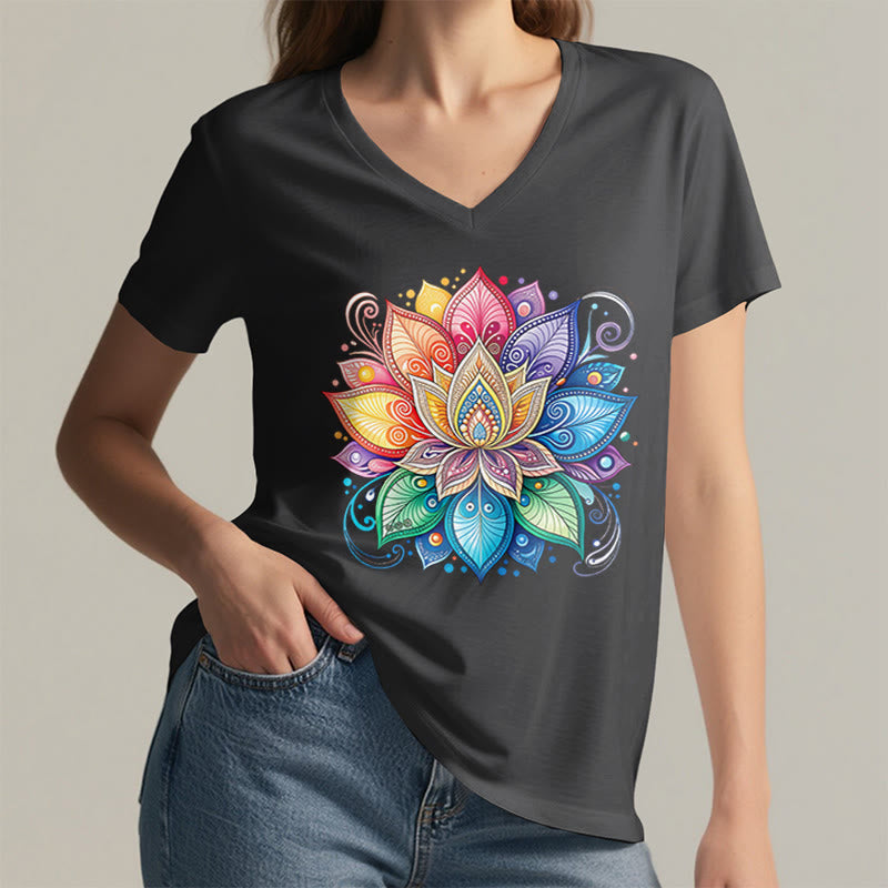 Olivenorma Vibrant Rainbow Mandala Lotus Boho Graphic Women's V Neck T-Shirt - image 20