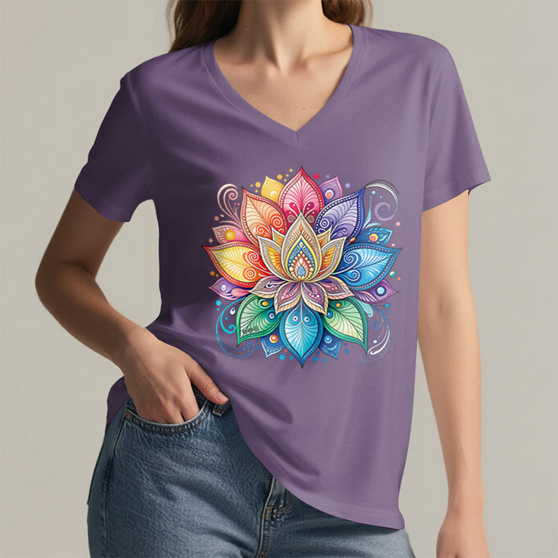 Olivenorma Vibrant Rainbow Mandala Lotus Boho Graphic Women's V Neck T-Shirt - image 38