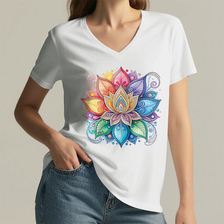 Olivenorma Vibrant Rainbow Mandala Lotus Boho Graphic Women's V Neck T-Shirt - image 23