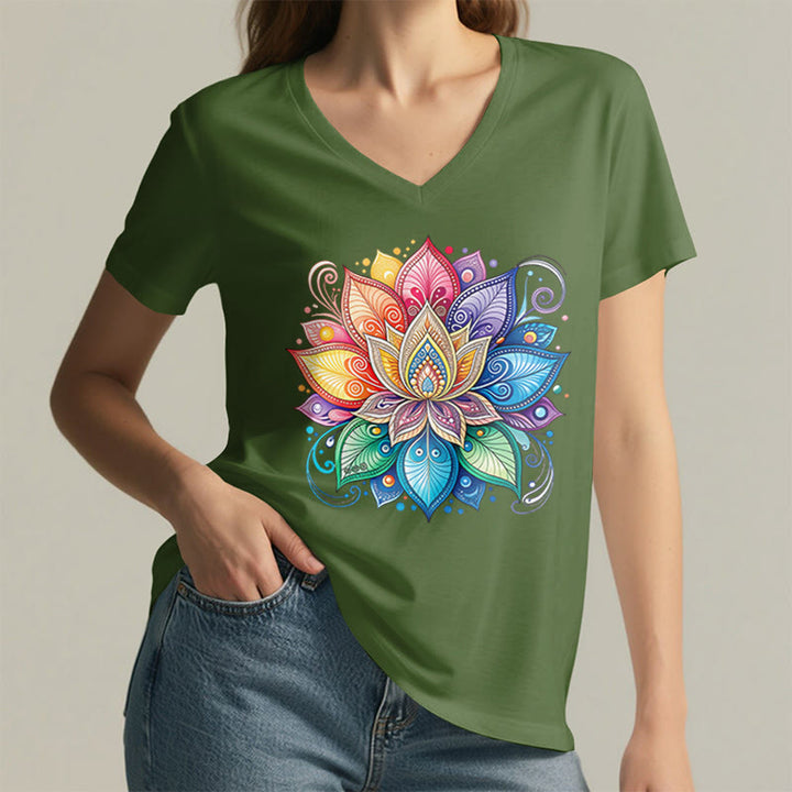 Olivenorma Vibrant Rainbow Mandala Lotus Boho Graphic Women's V Neck T-Shirt - image 5