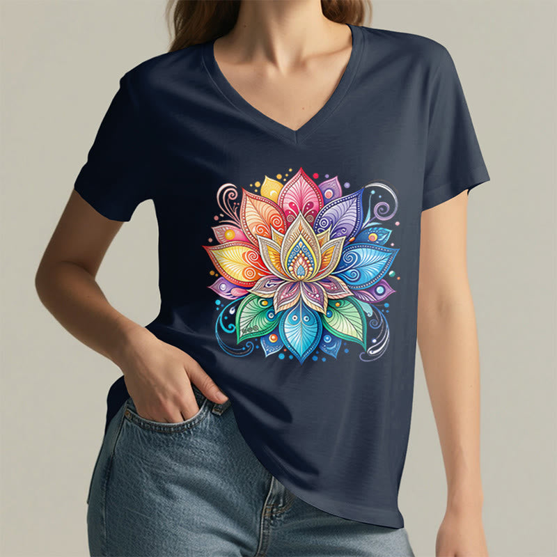 Olivenorma Vibrant Rainbow Mandala Lotus Boho Graphic Women's V Neck T-Shirt - image 26