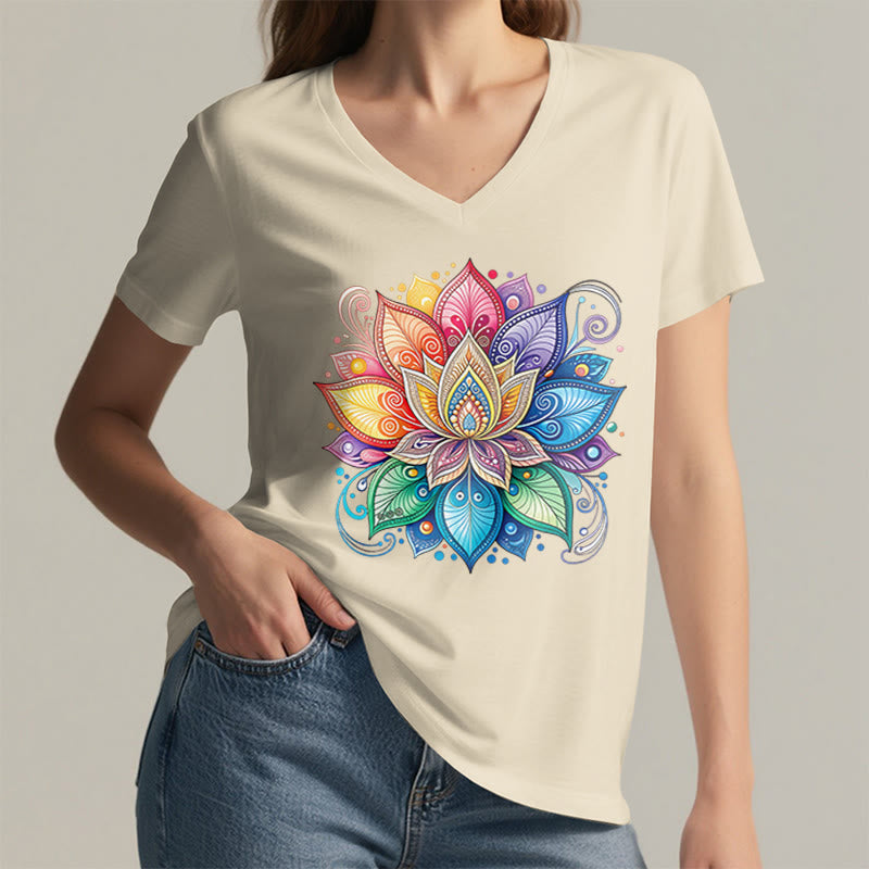 Olivenorma Vibrant Rainbow Mandala Lotus Boho Graphic Women's V Neck T-Shirt - image 8