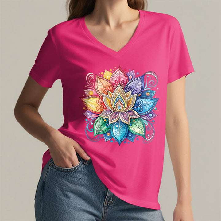 Olivenorma Vibrant Rainbow Mandala Lotus Boho Graphic Women's V Neck T-Shirt - image 35