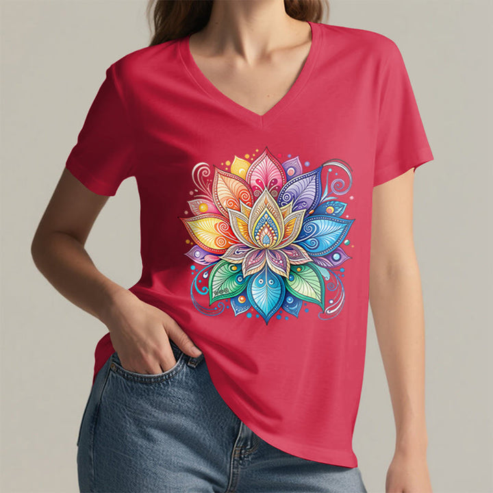 Olivenorma Vibrant Rainbow Mandala Lotus Boho Graphic Women's V Neck T-Shirt - image 32